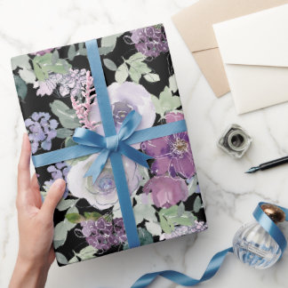 Purple White Floral Rose Black Background Wrapping Paper