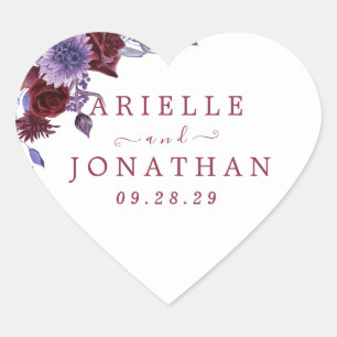 Purple & White Floral Watercolor Wedding Heart Sticker