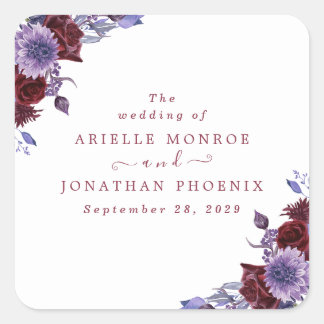Purple & White Floral Watercolor Wedding Square Sticker