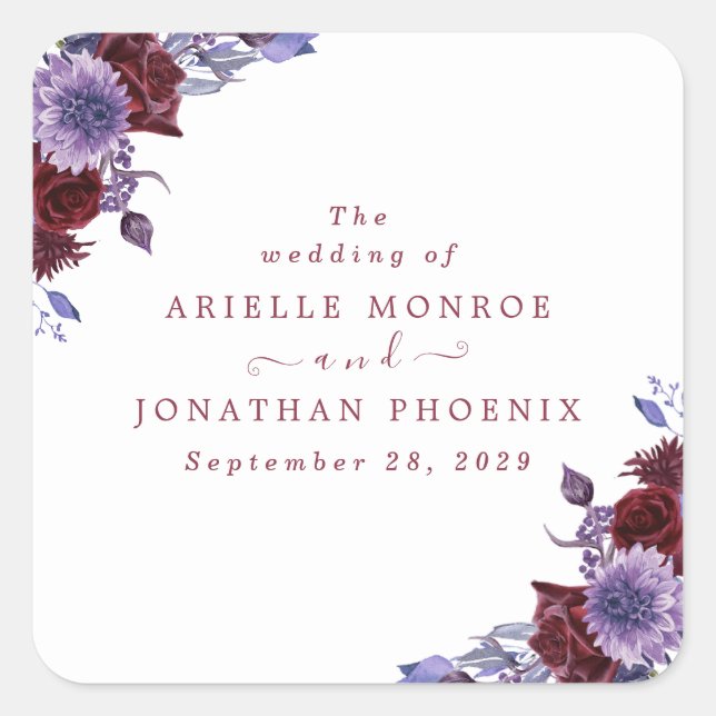 Purple & White Floral Watercolor Wedding Square Sticker (Front)