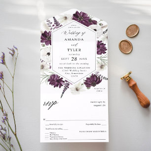 Purple & White Floral Wedding All In One Invitation