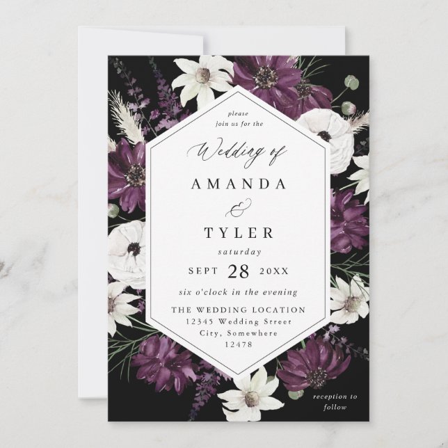 Purple & White Floral Wedding - Black V2 Invitation (Front)