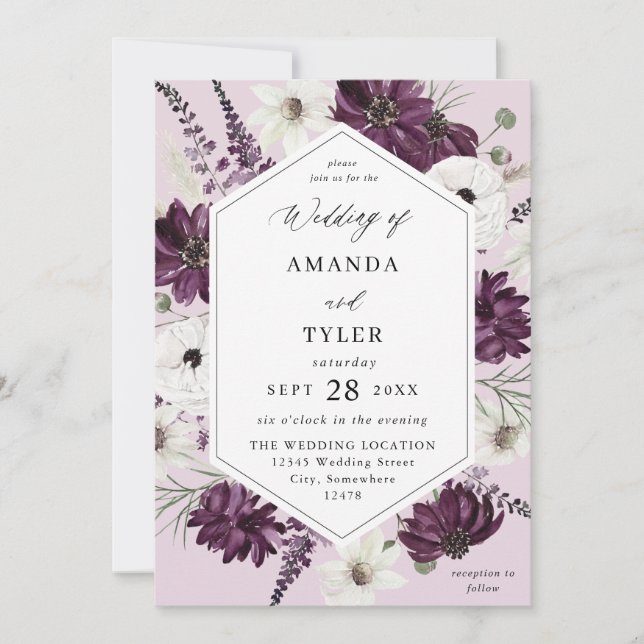 Purple & White Floral Wedding - Lavender Invitation (Front)