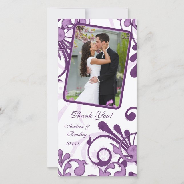 Purple & White Floral Wedding Thank You Photo Card (Front)
