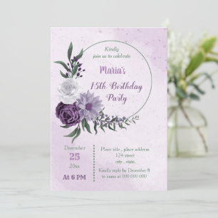 purple & white floral wreath birthday party invitation