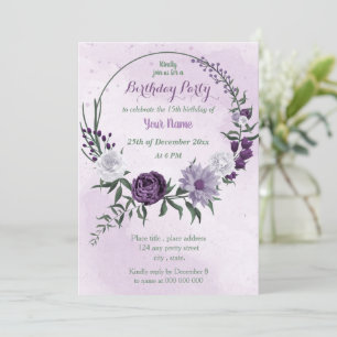 purple & white floral wreath birthday party invitation