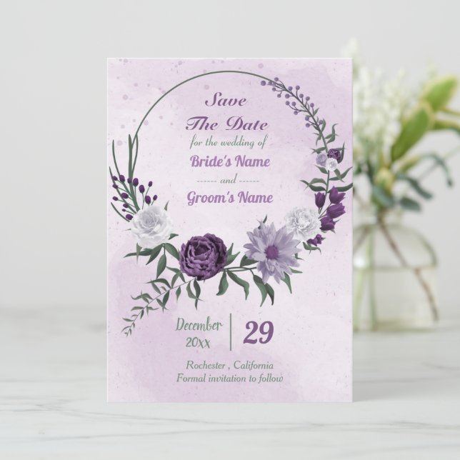 purple & white floral wreath save the date (Standing Front)