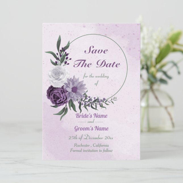 purple & white floral wreath save the date (Standing Front)