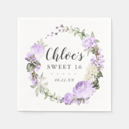 Purple White Floral Wreath Sweet 16 Party Napkin