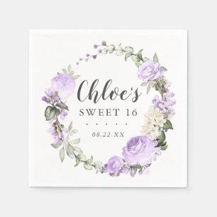 Purple White Floral Wreath Sweet 16 Party Napkin