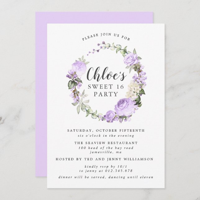 Purple White Floral Wreath Sweet Sixteen Party Invitation (Front/Back)