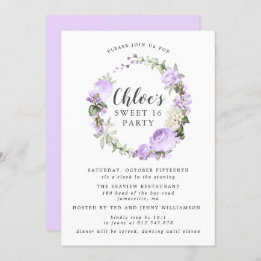 Purple White Floral Wreath Sweet Sixteen Party Invitation