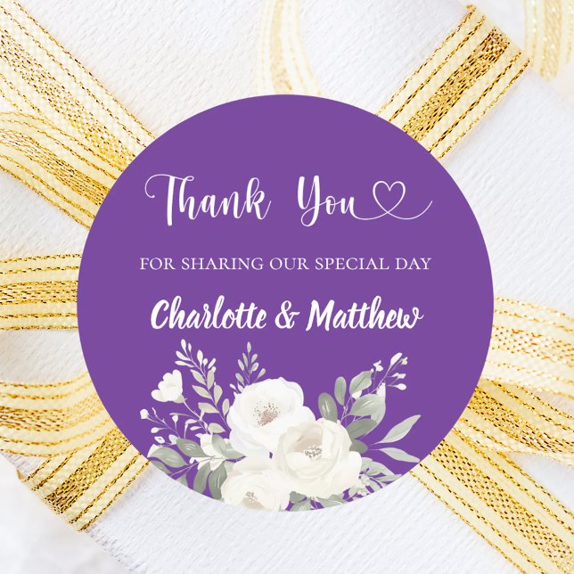 Purple white florals heart thank you wedding classic round sticker (Creator Uploaded)