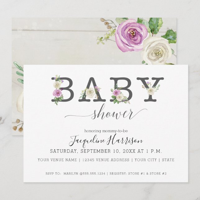 Purple White Florals Rustic | Girl Baby Shower Invitation (Front/Back)