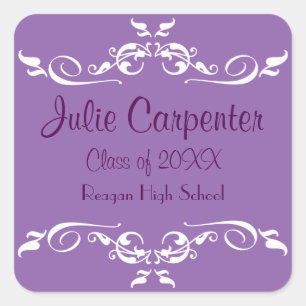 Purple & White Flourish -Square Graduation Sticker
