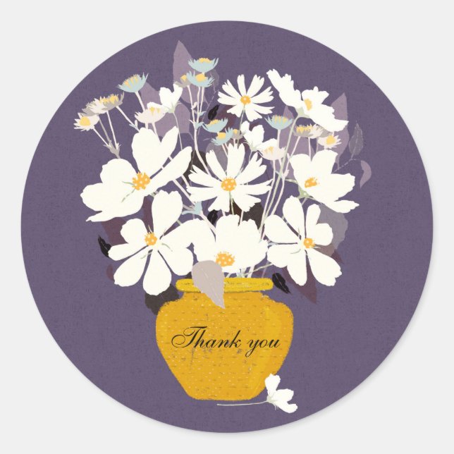Purple white flower bouquet gold vase Thank you Classic Round Sticker (Front)