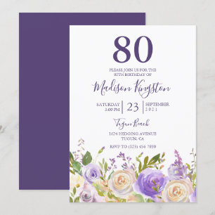 Purple & White Flowers 80th Birthday Party Invite