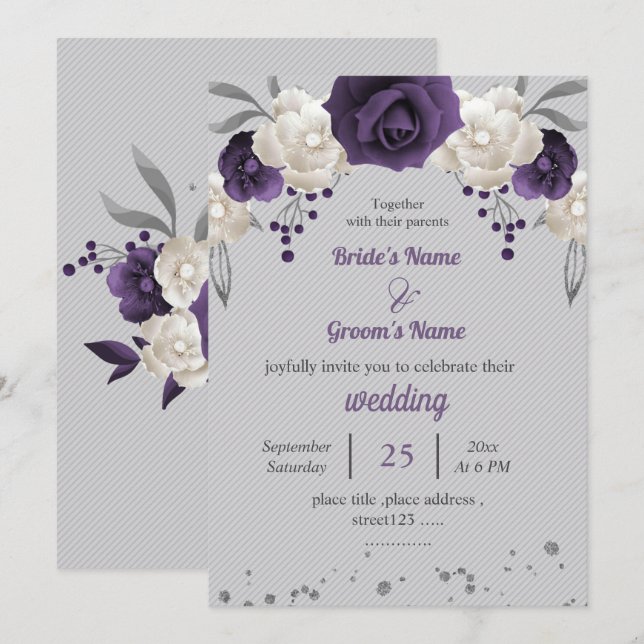 purple white flowers botanical grey wedding invitation (Front/Back)