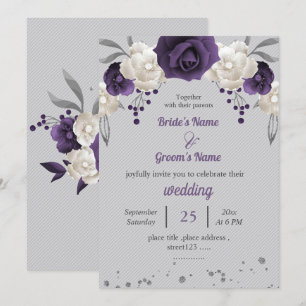 purple white flowers botanical grey wedding invitation