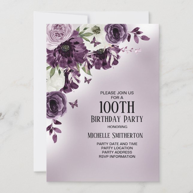 Purple White Flowers Butterflies 100th Birthday Invitation (Front)