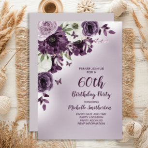 Purple White Flowers Butterflies 60th Birthday Invitation