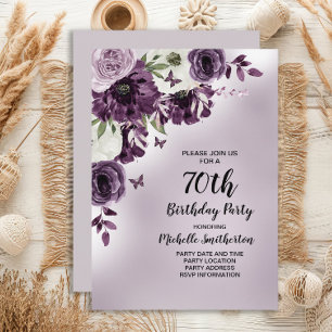 Purple White Flowers Butterflies 70th Birthday Invitation