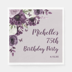 Purple White Flowers Butterflies 75th Birthday Napkin
