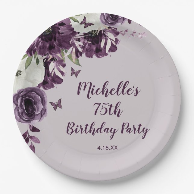 Purple White Flowers Butterflies 75th Birthday Paper Plate (Front)