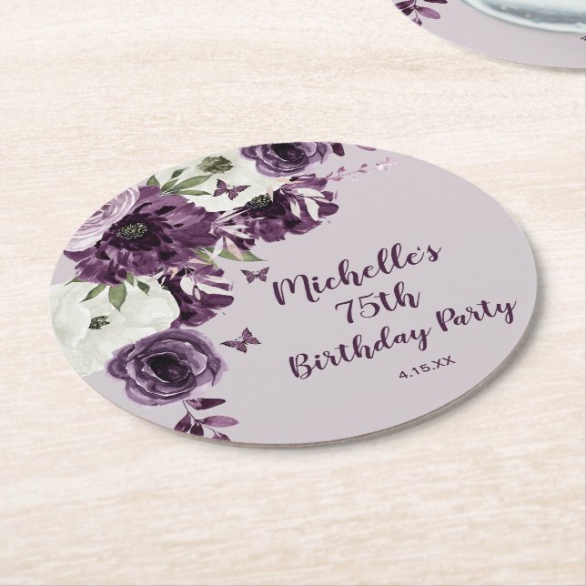 Purple White Flowers Butterflies 75th Birthday Round Paper Coaster (Angled)