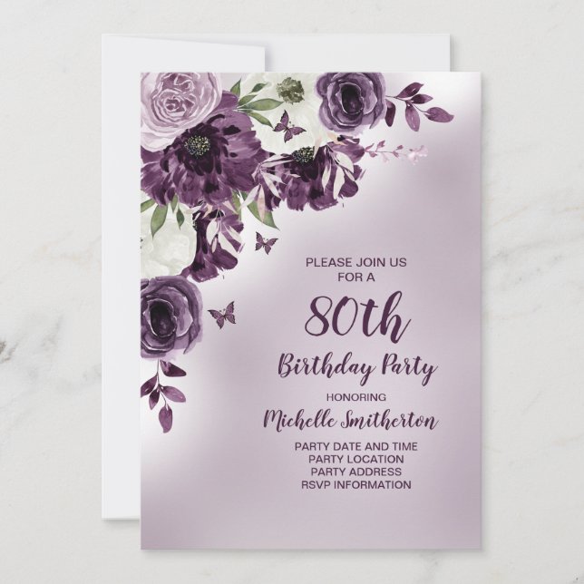 Purple White Flowers Butterflies 80th Birthday Invitation (Front)