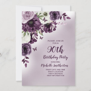 Purple White Flowers Butterflies 90th Birthday Invitation