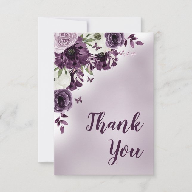 Purple White Flowers Butterflies Birthday  Thank You Card (Front)