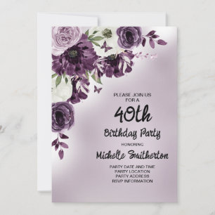 Purple White Flowers Butterflies Women's 40th Invitation