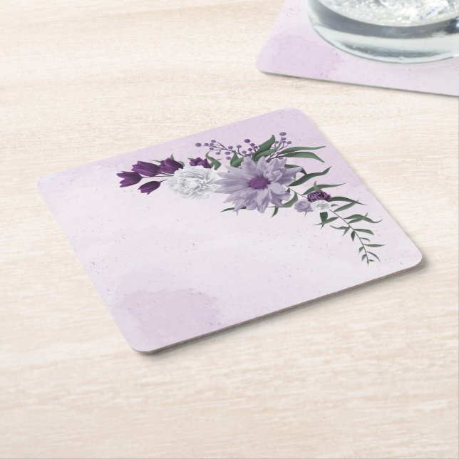 purple white flowers greenery square paper coaster (Angled)