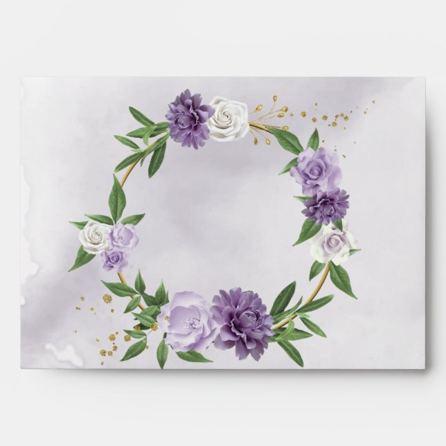 purple & white flowers greenery wreath wedding envelope (Front)