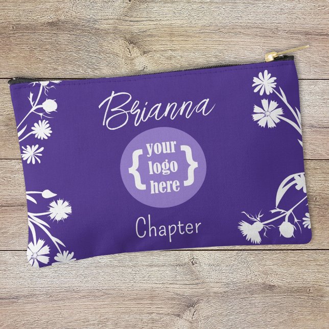 Purple, White Flowers, Logo Makeup Bag (Personalized purple makeup bag, pencil pouch, zipper with girl's youth organization logo)