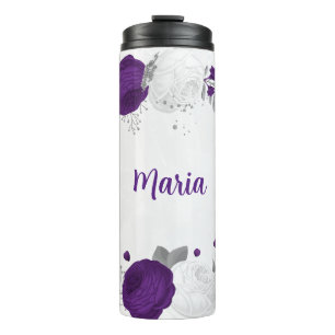 purple white flowers silver botanical thermal tumbler
