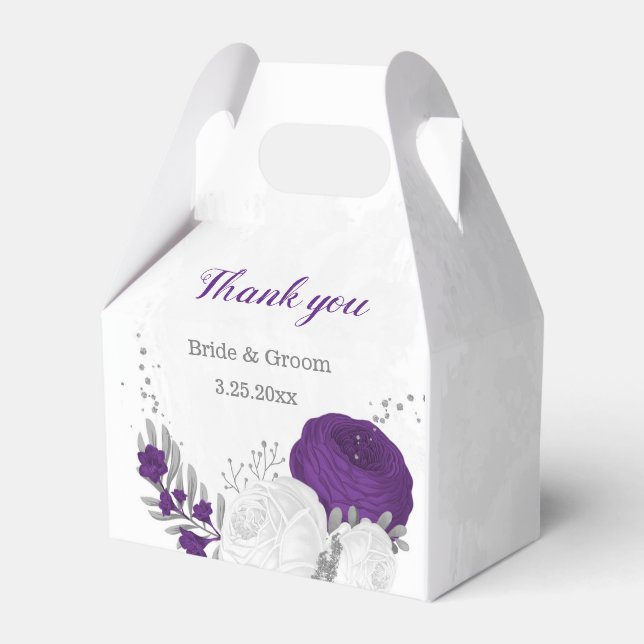 purple white flowers silver botanical wedding favour box (Front Side)