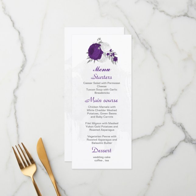purple white flowers silver botanical wedding menu (Front/Back In Situ)