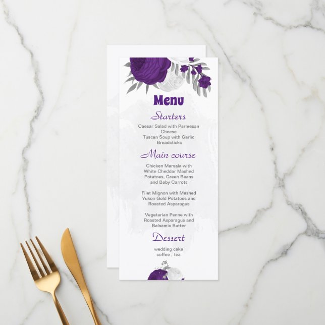 purple white flowers silver botanical wedding menu (Front/Back In Situ)