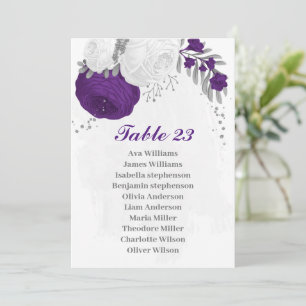purple & white flowers silver seating chart card
