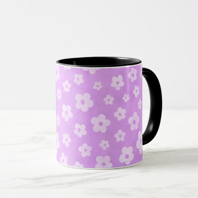Purple & white flowers tea cup with black handle (Front Right)