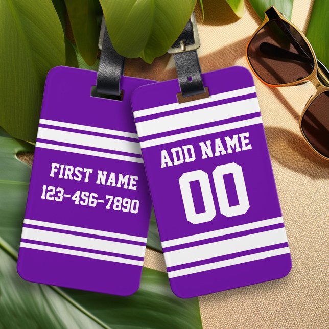 Purple White Football Stripes Custom Name Number Luggage Tag (Custom Luggage Tag)