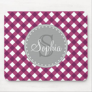 Purple White Gingham Plaid Pattern Monogram Mouse Mat
