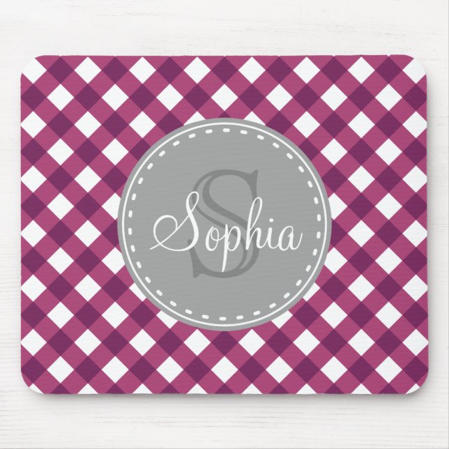 Purple White Gingham Plaid Pattern Monogram Mouse Mat (Front)
