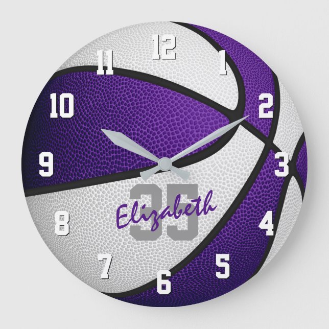 purple white girls boys basketball personalised large clock (Front)