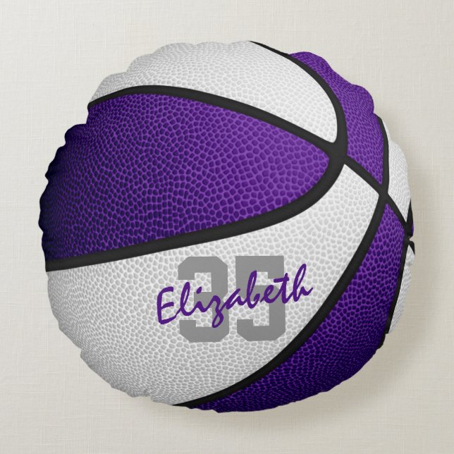 purple white girls boys team colours basketball round cushion (Front)