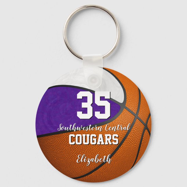 purple white girly basketball school team colours key ring (Front)