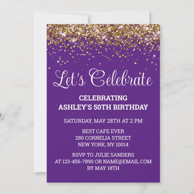 Purple White Glitter 50th Birthday Let's Celebrate Invitation (Front)