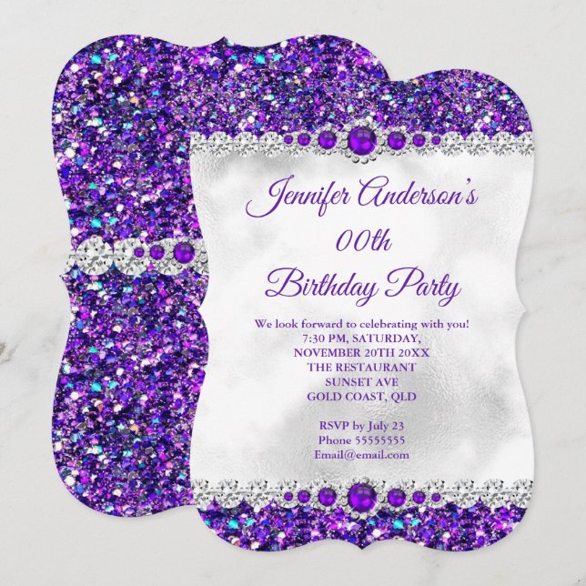 Purple white Glitter Pearl Diamond Birthday Party Invitation (Front/Back)